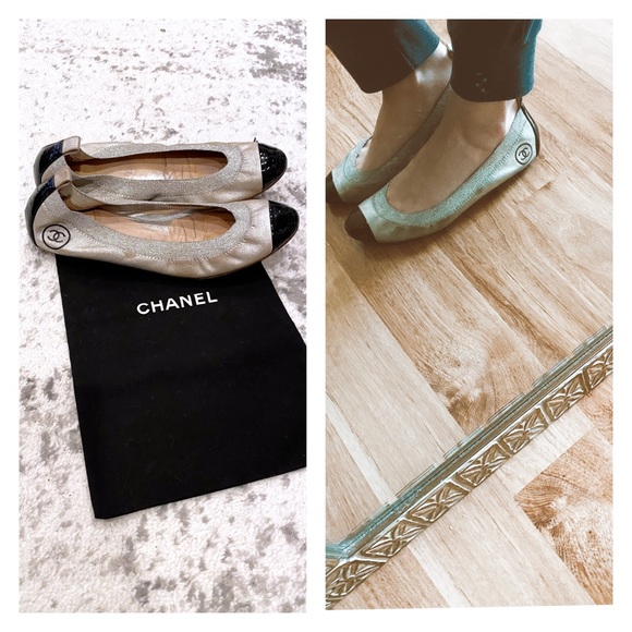 ✅SOLD Chanel spirit cap toe silver flats 38.5 worn - Picture 2 of 8